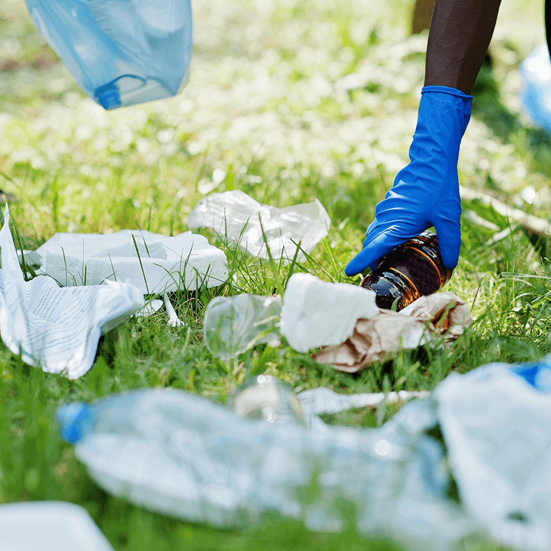 Une main dot&eacute;e d'un gant en plastique bleu ramasse plein de d&eacute;chets dans une belle pelouse verte