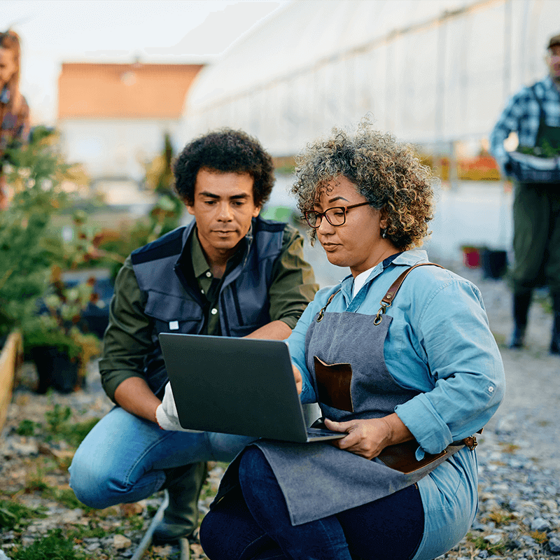 Une femme en tablier et un homme, tous deux à genoux, regardent l'écran d'un ordinateur portable dans un jardin partagé urbain
